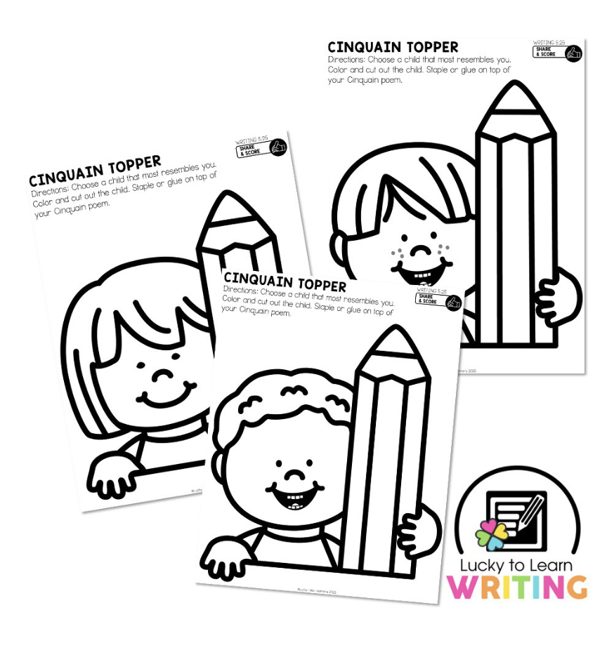 Printable worksheets with black-and-white illustrations of children holding large pencils, designed to be cut out and glued on top of a Cinquain poem. An engaging activity for second-grade poetry lessons.
